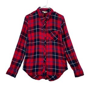 Beachlunchlounge Red‎ Blue Plaid Flannel Top Women's S Button Back Long Sleeve